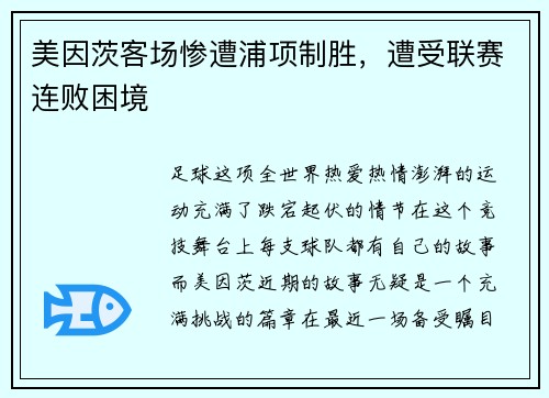 美因茨客场惨遭浦项制胜，遭受联赛连败困境